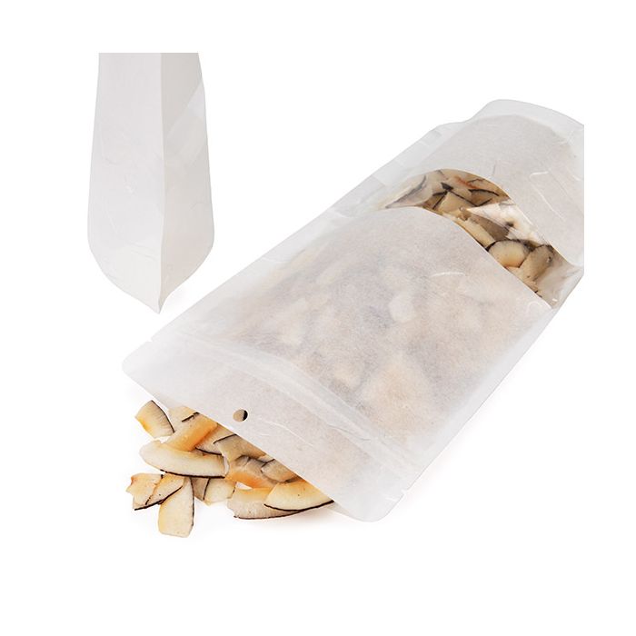 Eco Friendly Stand Up Pouches Rice Paper White With Rectangle Window 149x89x232mm - 100 pcs