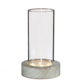 Glass cylinder with LED in wooden base 17cm high - 1 pc