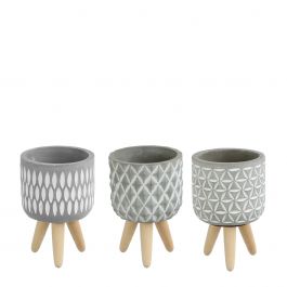 Plant pot Cement with wooden legs 15.5cm high - 6 pcs