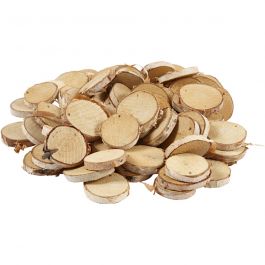 Wooden disc with hole, D: 35-45 mm, hole size 4 mm, thickness 7 mm, 500 g - 1 Pack