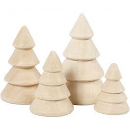 Christmas Trees, H: 3.3+4.3+5.3+6.3 cm, D: 2.3+3.2+4 cm, paulownia - 4 pcs