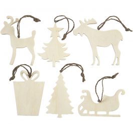 Christmas Ornaments, size 7-9 cm, thickness 4 mm, plywood - 6 pcs