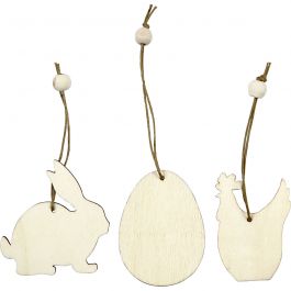 Wooden Ornament, rabbit, egg, hen, size 6 cm, thickness 3 mm, 9pcs - 9 pcs