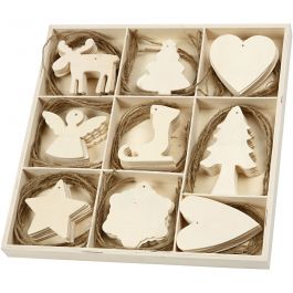 Wooden Ornament, christmas, size 7-8 cm, thickness 3 mm, plywood - 72 pcs