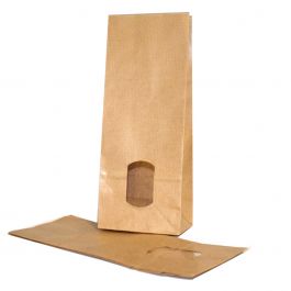 Block Bottom Bags Kraft Brown 105x65x275mm 70 g/m2 lined with 30my OPP Foil and clear Window | 500 grams - 100 pieces