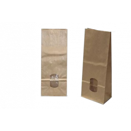 Block Bottom Bags Kraft Brown 80x42x180mm 70 g/m2 lined with 30my OPP Foil and clear Window | 100-125 grams - 100 pieces